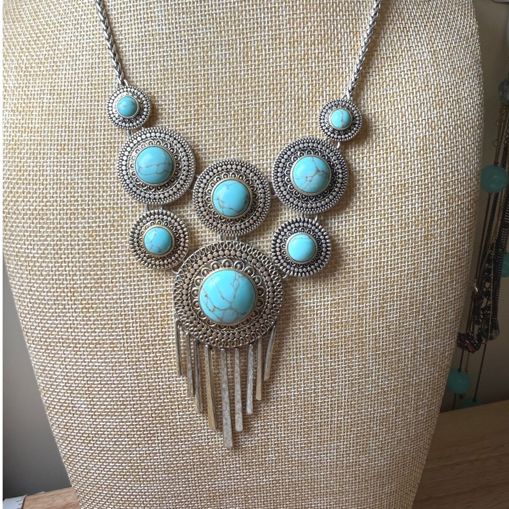 Lucky Brand Silver Turquoise Statement Necklace Bohemian Fringe Southwestern